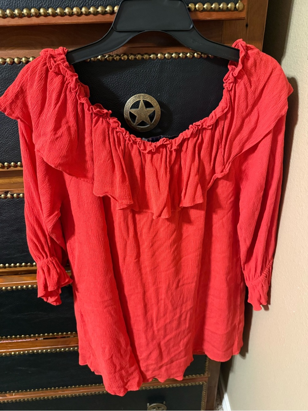 Ruffle-Trim Red Off-Shoulder Tunic Top